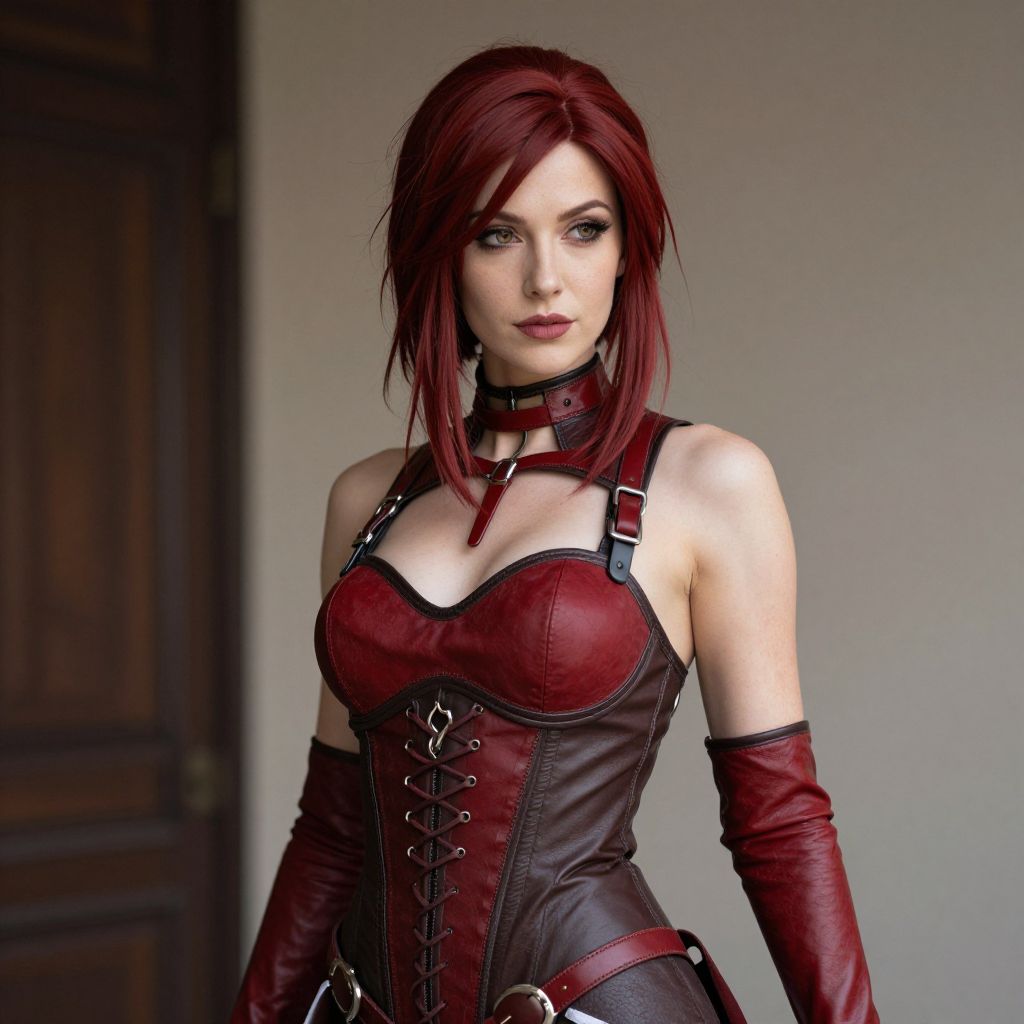 Woman in Red and Brown Leather Corset Cosplay Outfit with Red Hair