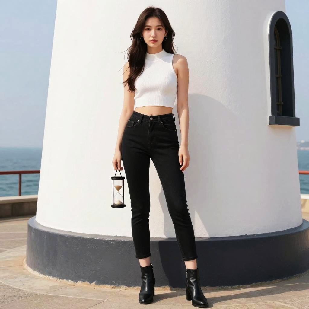 Hourglass Woman in Casual Chic Outfit with White Sleeveless Crop Top and Black Jeans