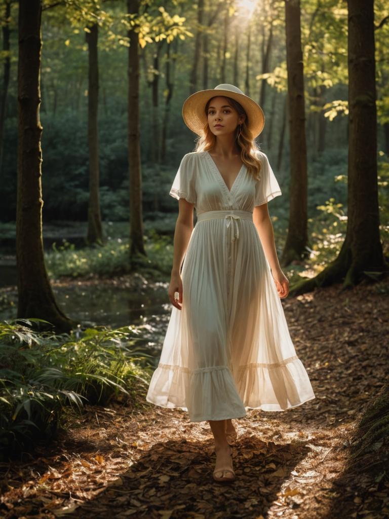 Woman in Sun-Dappled Forest - Cinematic Style