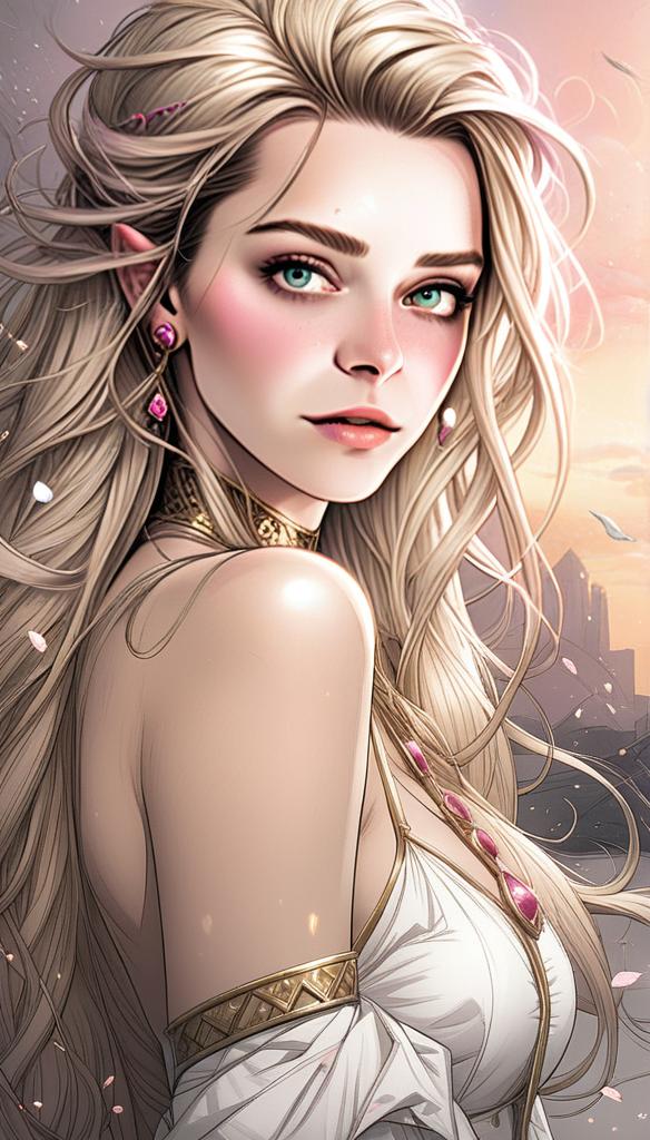 Beautiful woman with blonde hair and green eyes at sunset