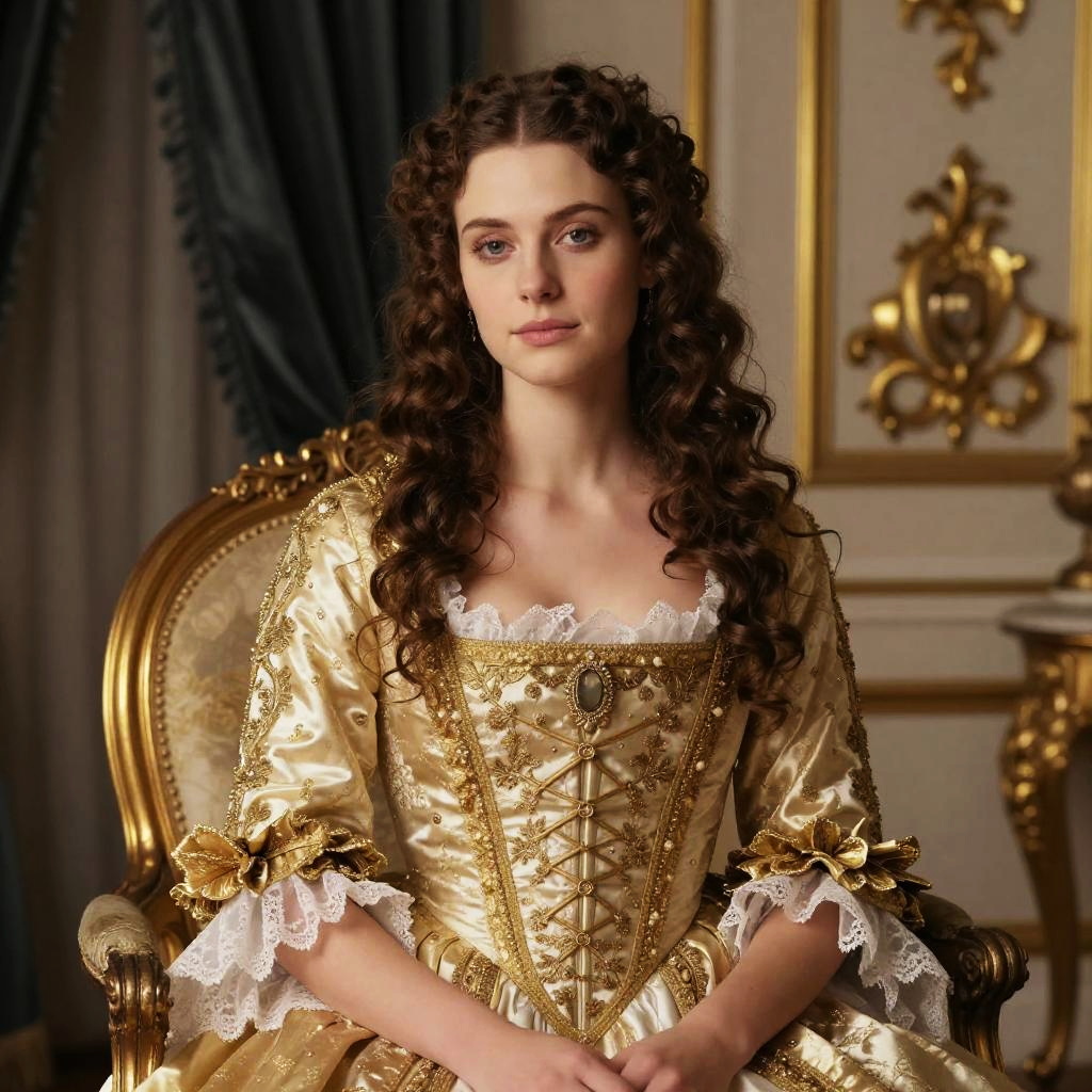 Elegant Woman in 18th Century Golden Renaissance Dress Seated in Vintage Setting