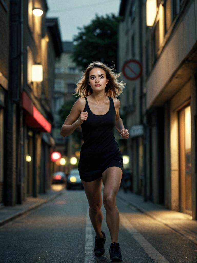 Woman Running in Urban Evening Setting