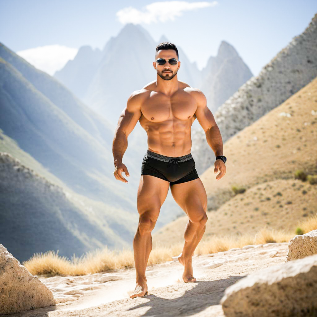 Muscular Man in Mountainous Landscape