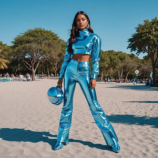 Futuristic Metallic Blue Outfit Fashion Woman on Beach