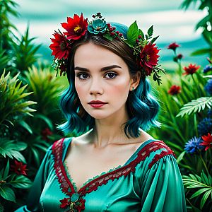 Young Woman with Teal Hair in Emerald Dress and Floral Crown