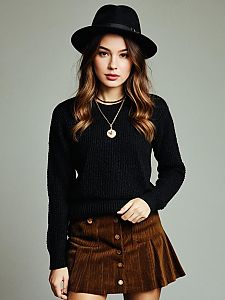 Woman Casual Chic Black Cable Knit Sweater with Brown Corduroy Skirt