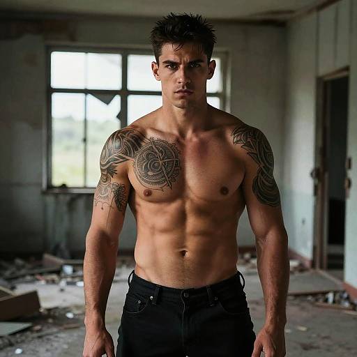 Shirtless Muscular Man with Tribal Tattoos in Abandoned Building
