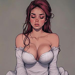 Digital Portrait of Woman in Off-Shoulder White Dress with Auburn Hair