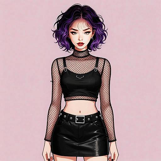 Stylish Young Woman with Purple Hair in Black Fishnet and Leather Outfit