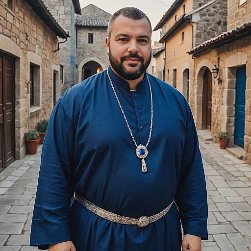 Man in Traditional Blue Robe with Silver Necklace on Historic Street