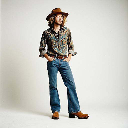 Man in Vintage Paisley Shirt and Flared Jeans with Brown Hat and Boots