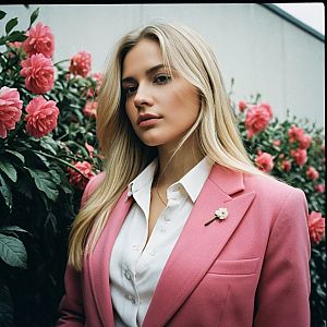 Confident blonde woman in pink blazer outdoors