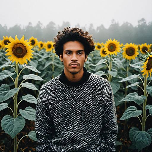Young Man in Sweater Standing in Sunflower Field Realistic Portrait
