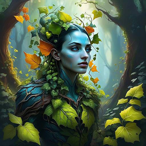 Mystical Woman in Nature with Leaf and Vine Adornments Digital Art