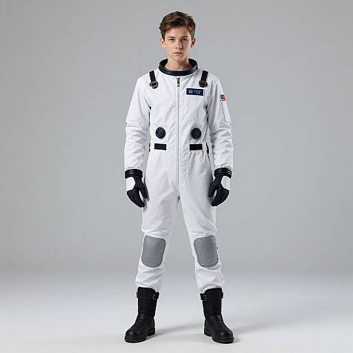 Young Man in Modern White Astronaut Suit Standing Neutral Background