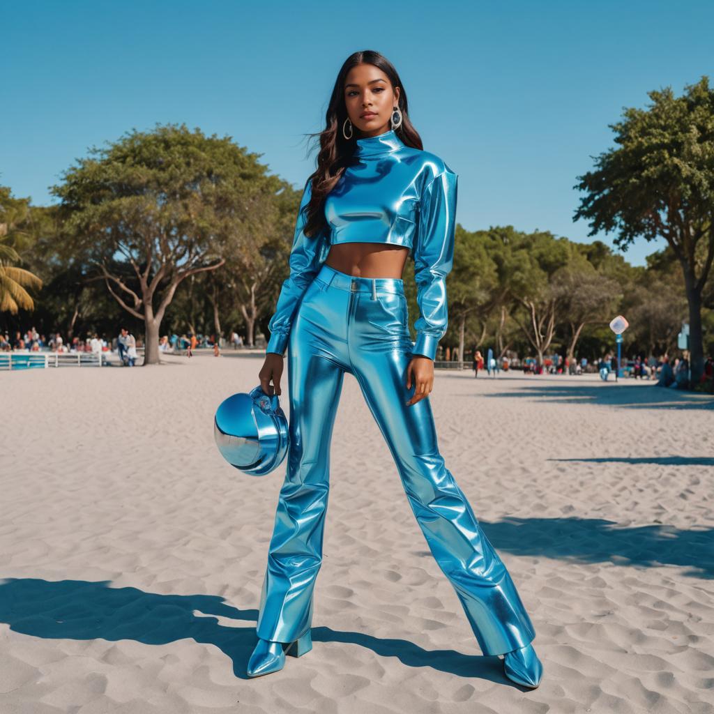 Futuristic Metallic Blue Outfit Fashion Woman on Beach