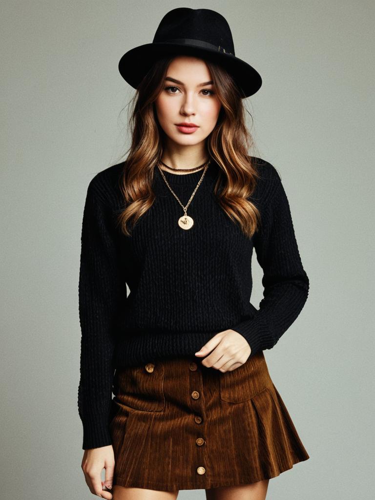 Woman Casual Chic Black Cable Knit Sweater with Brown Corduroy Skirt