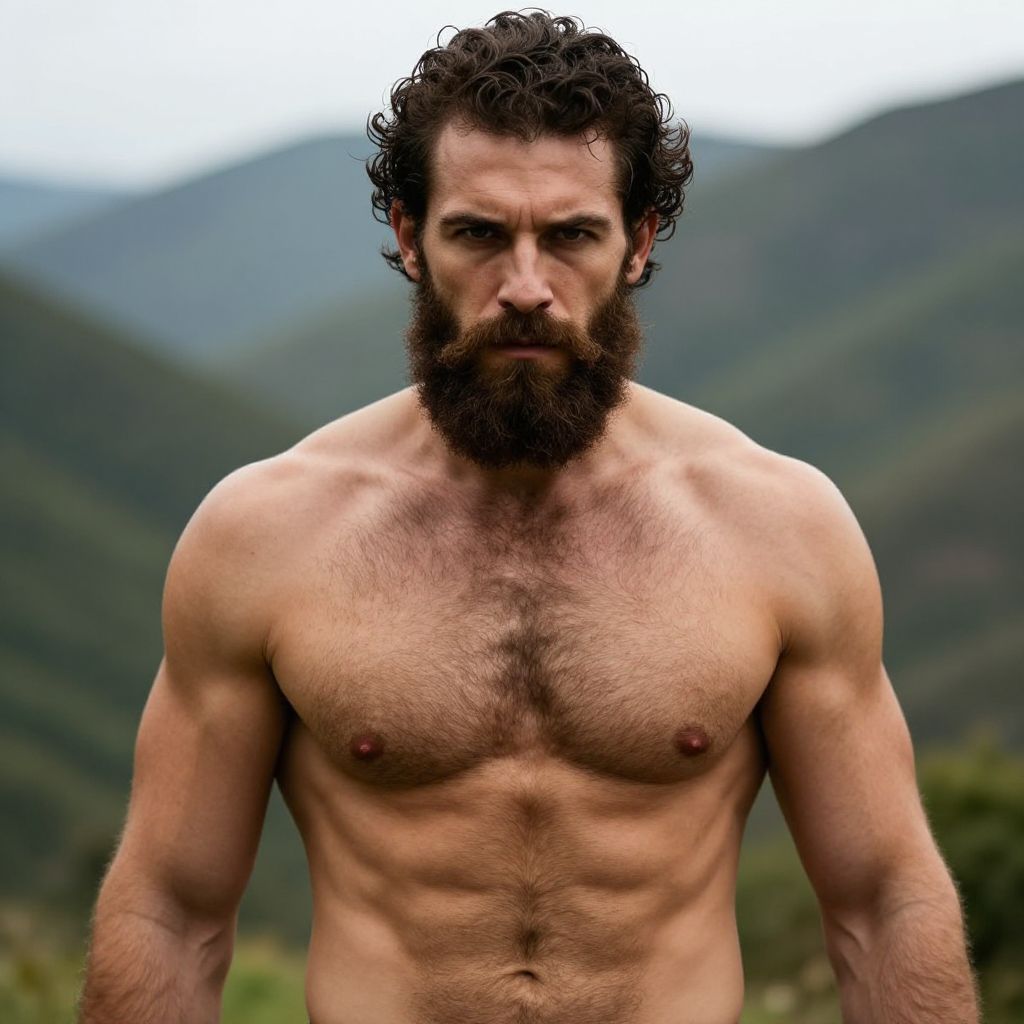 Muscular Bearded Man Shirtless Outdoors Nature Background