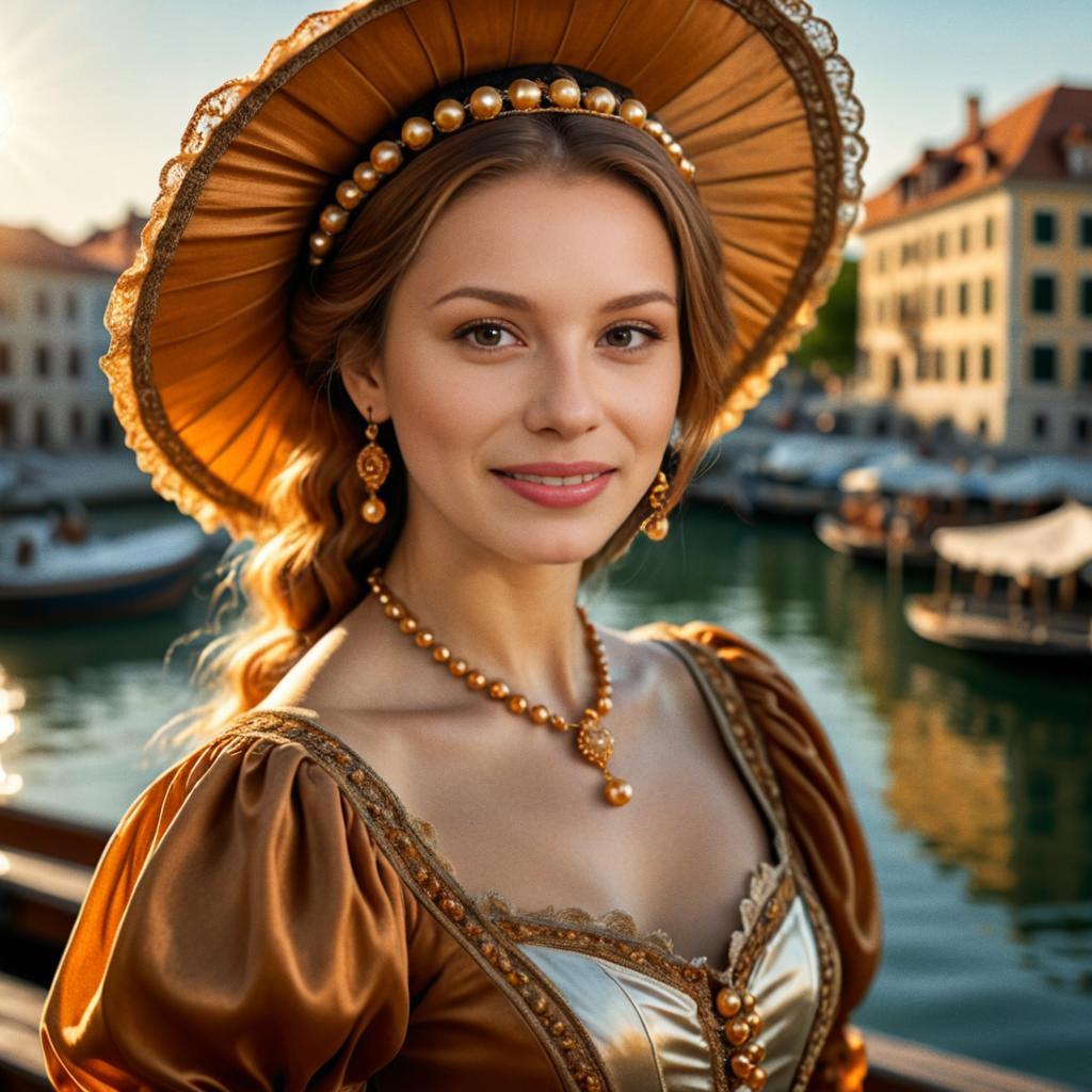 Elegant Woman in Golden Dress with Stylish Hat by Waterfront