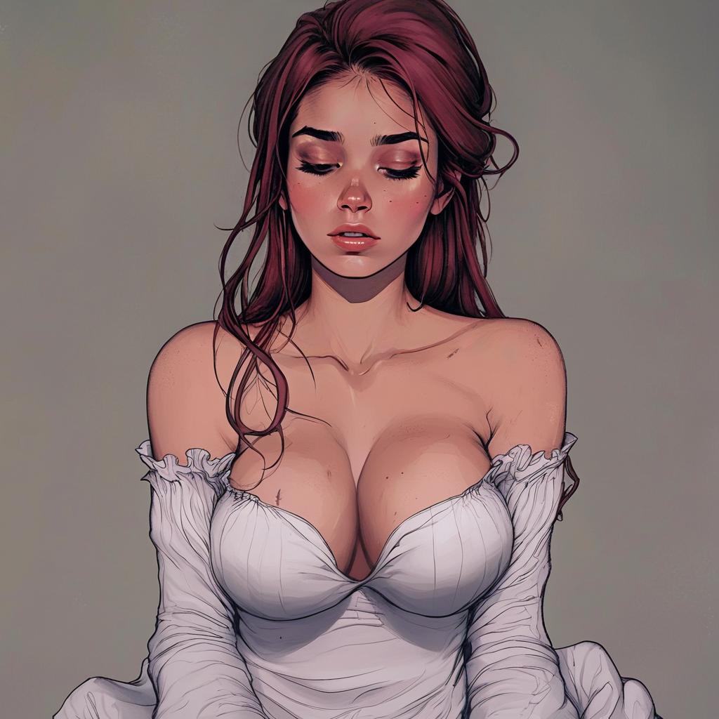 Digital Portrait of Woman in Off-Shoulder White Dress with Auburn Hair