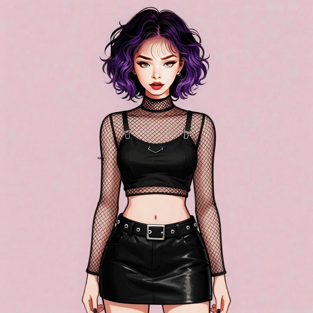 Stylish Young Woman with Purple Hair in Black Fishnet and Leather Outfit