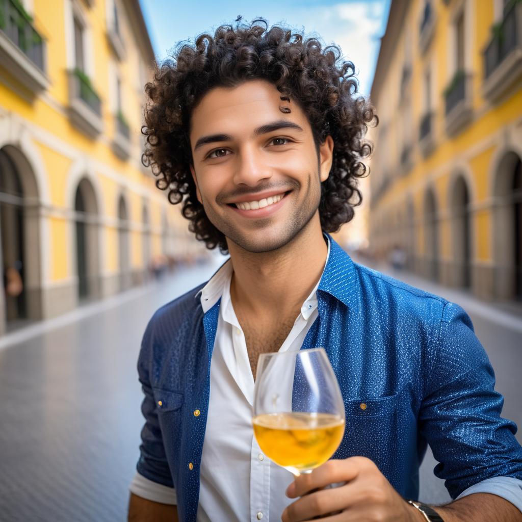 Cheerful Young Man with Yellow Drink in Elegant Setting