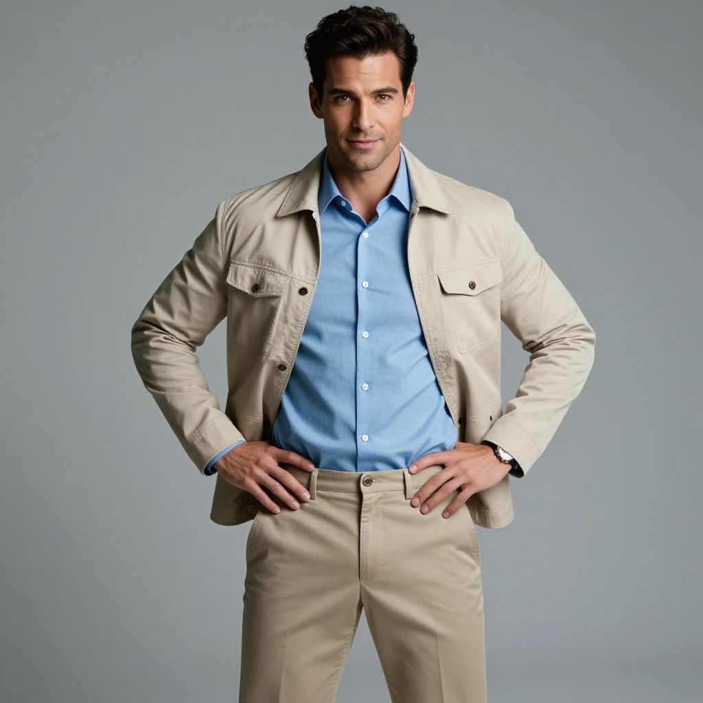 Confident Man in Beige Jacket and Blue Shirt Standing Against Gray Background