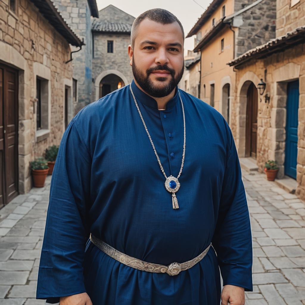 Man in Traditional Blue Robe with Silver Necklace on Historic Street