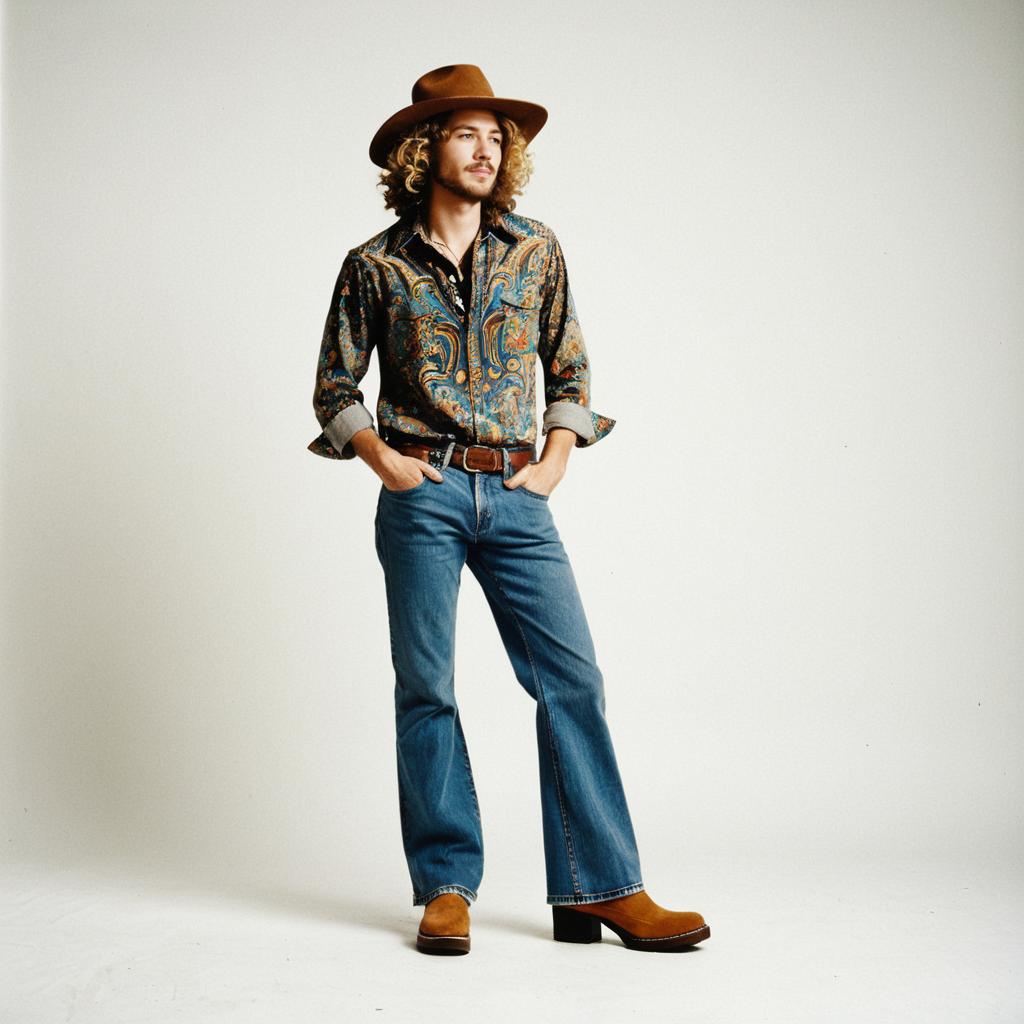 Man in Vintage Paisley Shirt and Flared Jeans with Brown Hat and Boots