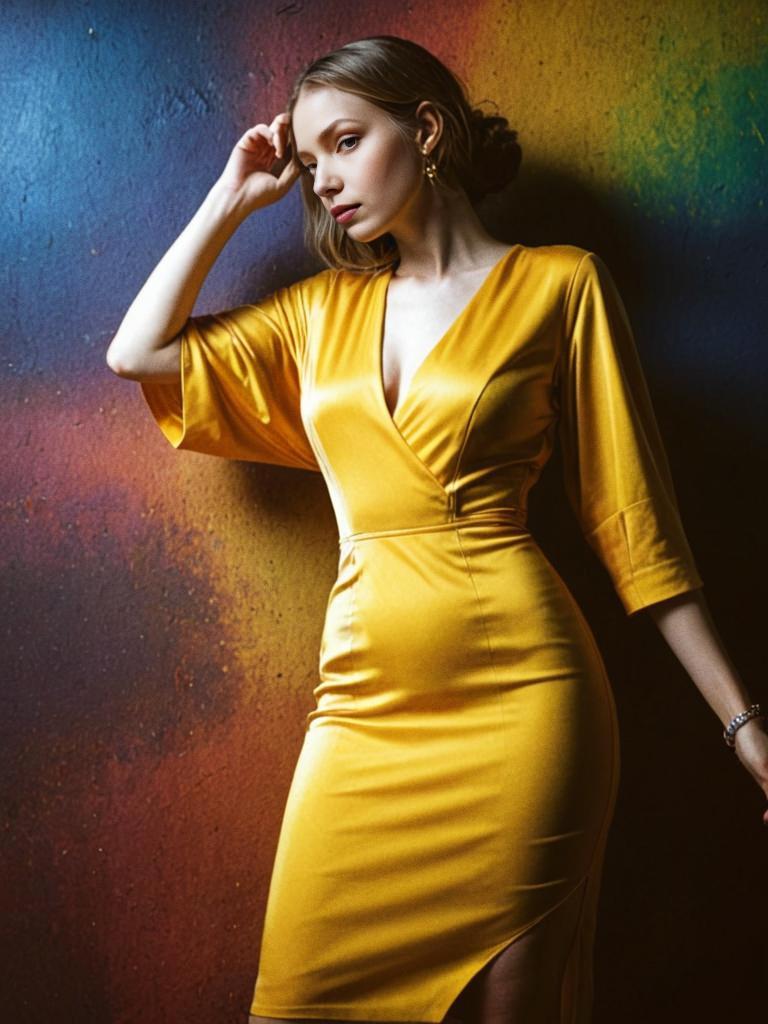 Woman in Yellow Dress Against Abstract Background