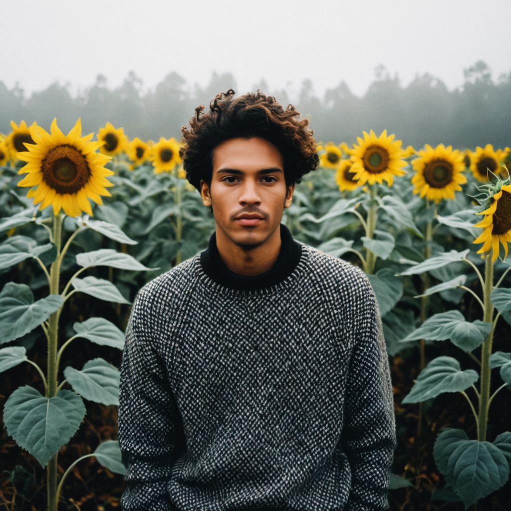 Young Man in Sweater Standing in Sunflower Field Realistic Portrait