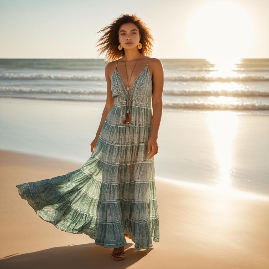 Woman in Green Maxi Dress at Sunset on Beach