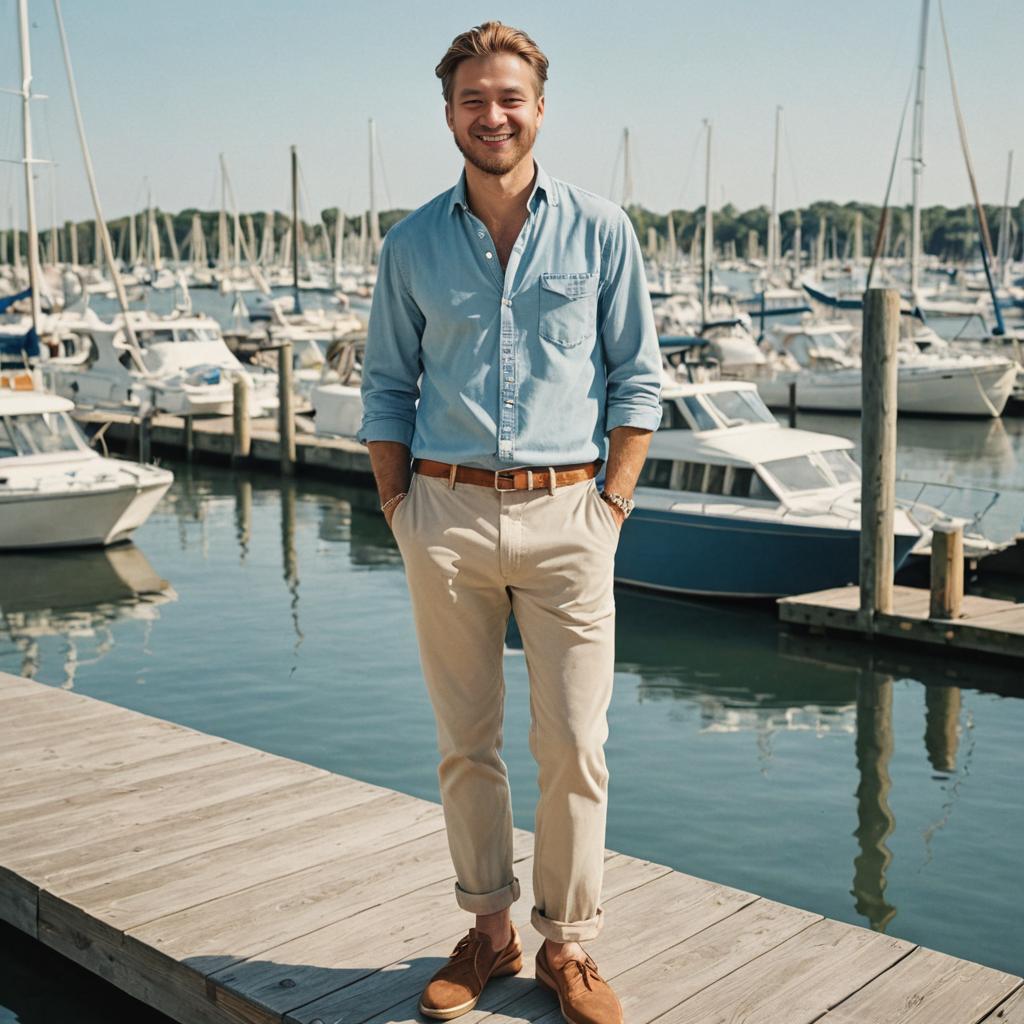 Stylish Man on Dock with Yachts