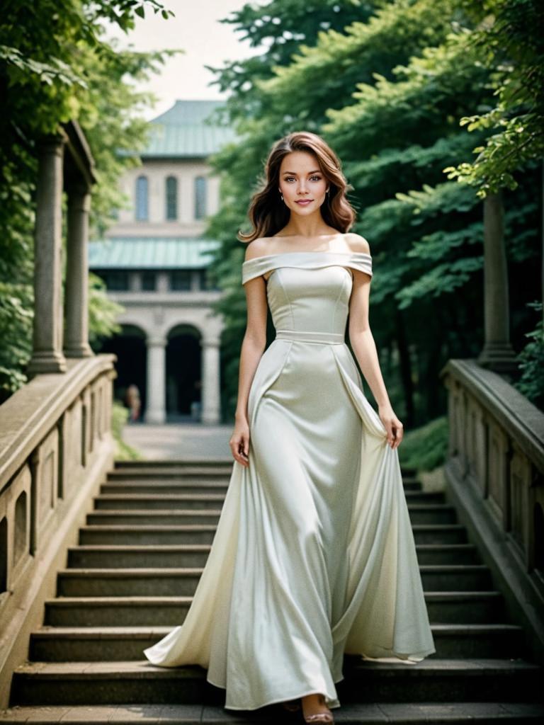 Elegant Woman in Off-the-Shoulder Gown in Garden