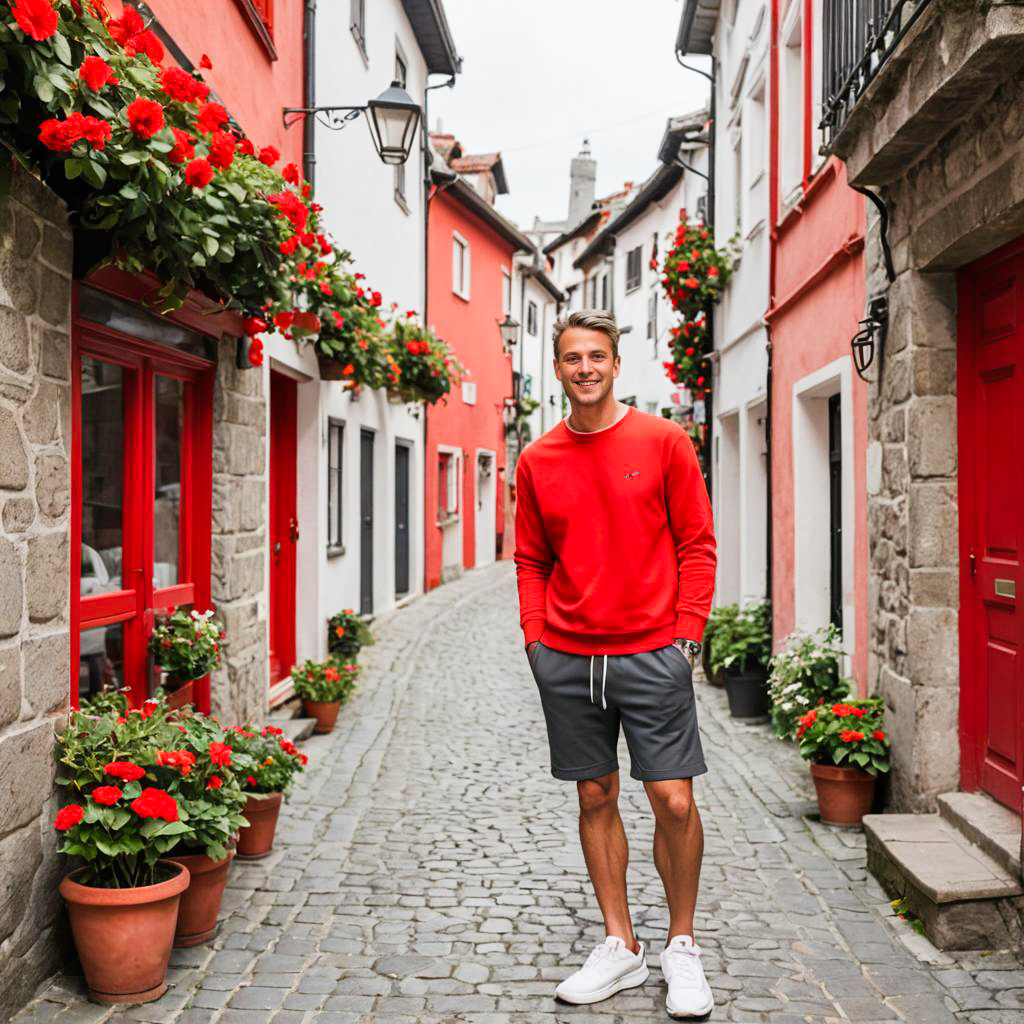 Stylish man in colorful cobblestone street