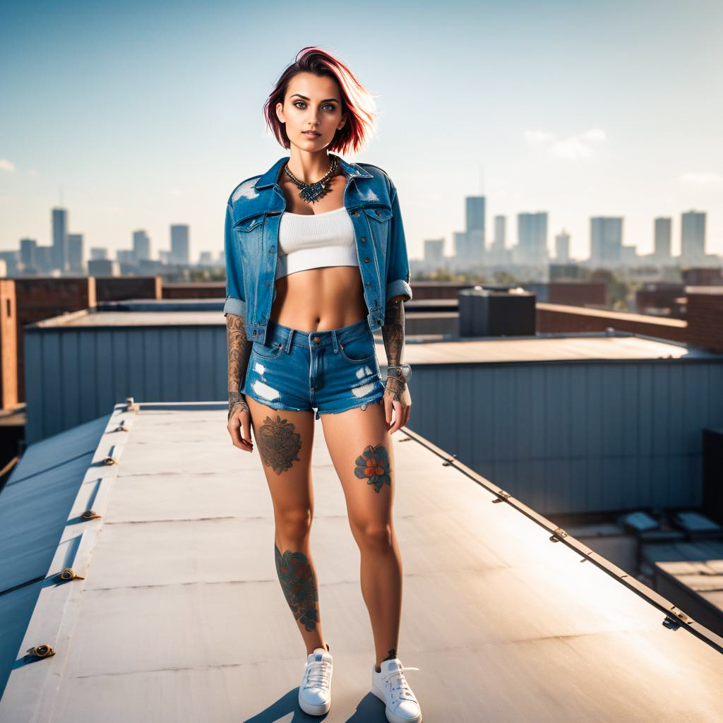 Confident Woman on Rooftop with Urban Skyline