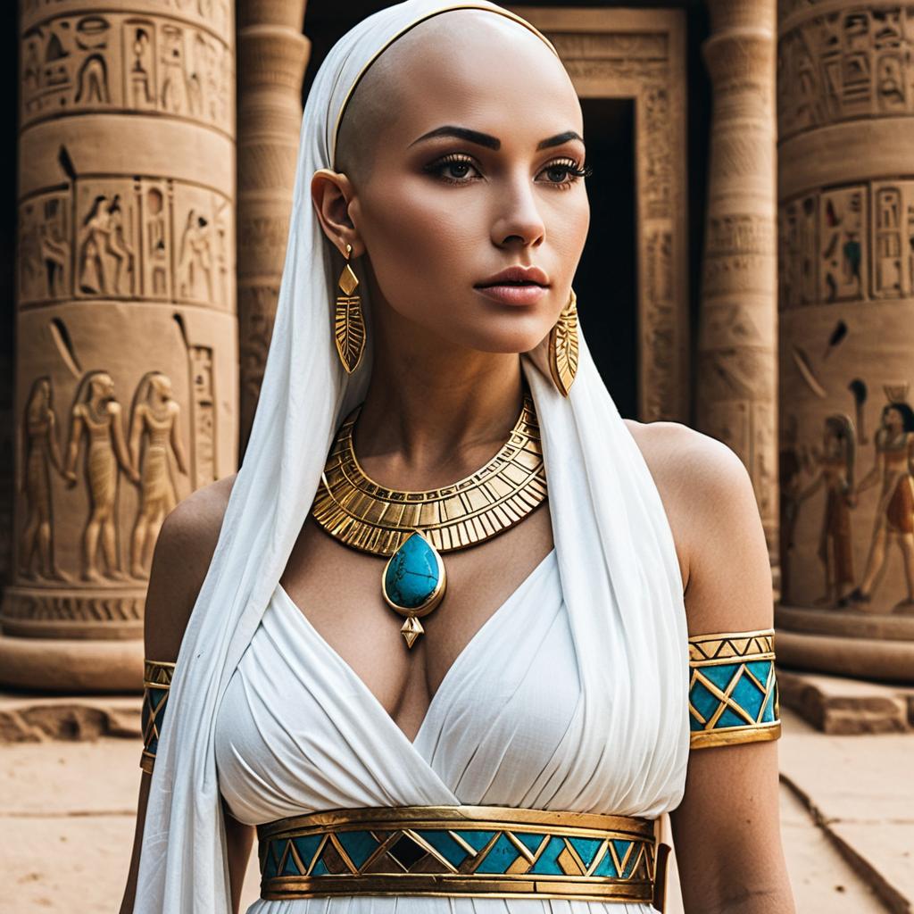 Woman in Ancient Egyptian Style Jewelry and White Draped Dress in Temple Setting