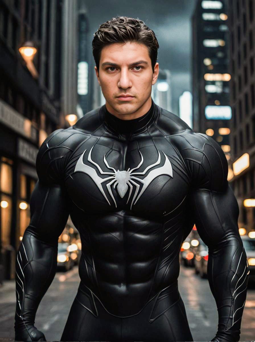 Muscular Man in Black Superhero Suit