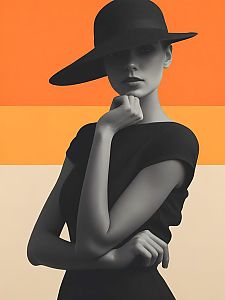 Elegant Woman in Black Hat and Dress