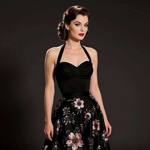 Elegant Vintage Style Woman in Black Floral Halter Dress