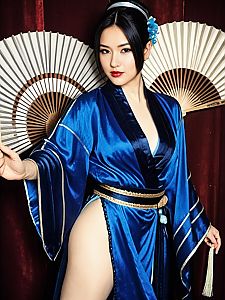 Elegant Woman in Blue Silk Kimono with Traditional Japanese Fans
