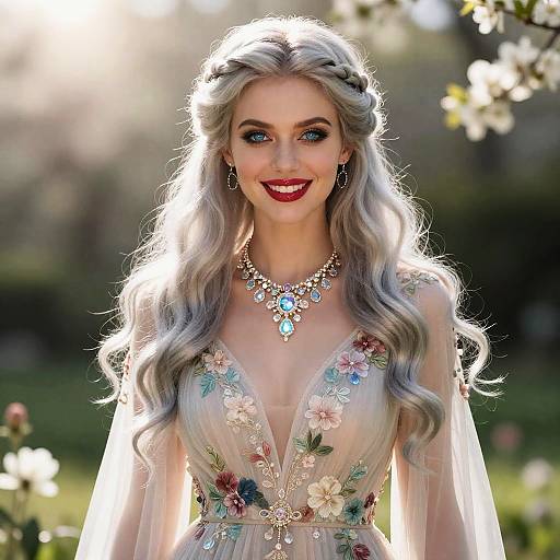 Elegant Woman with Silver Hair Wearing Floral Embroidered Dress and Statement Necklace