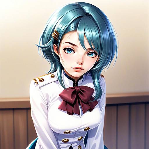 Anime Style Portrait of Woman in White Military Uniform with Blue Hair