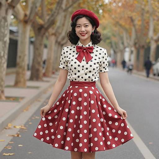 Retro Polka Dot Outfit Woman in Red Beret on Autumn Street