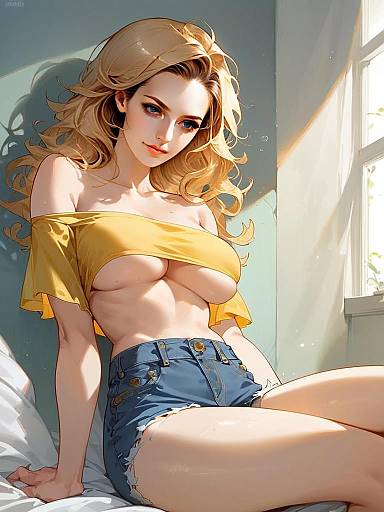 Anime Style Illustration of Blonde Woman in Yellow Crop Top and Denim Shorts