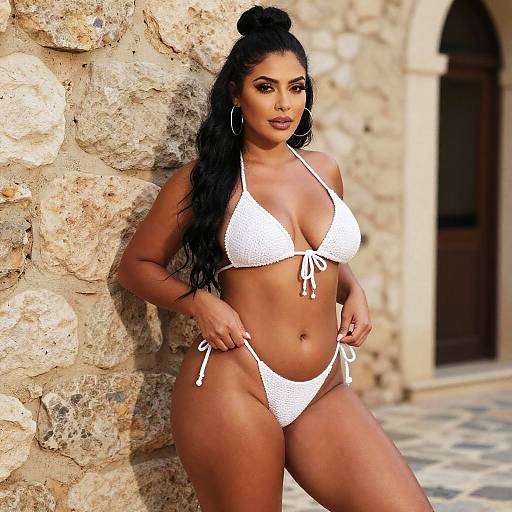 Woman in White Crochet Bikini by Rustic Stone Wall