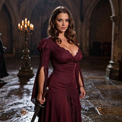 Medieval Woman in Burgundy Dress Holding Sword in Candlelit Stone Hall
