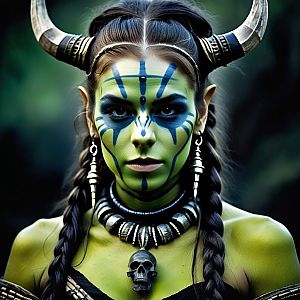 Woman with Green Face Paint and Horned Headgear