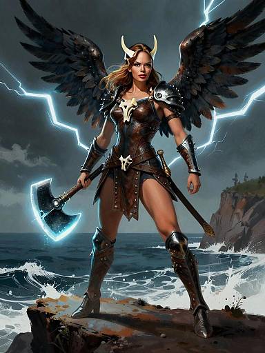Fantasy Woman Warrior with Wings and Battle Axe on Stormy Cliff