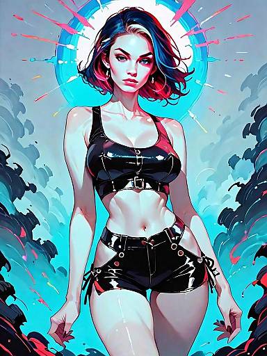 Dark Fantasy Full Body Portrait of Woman in Shiny Leather Outfit